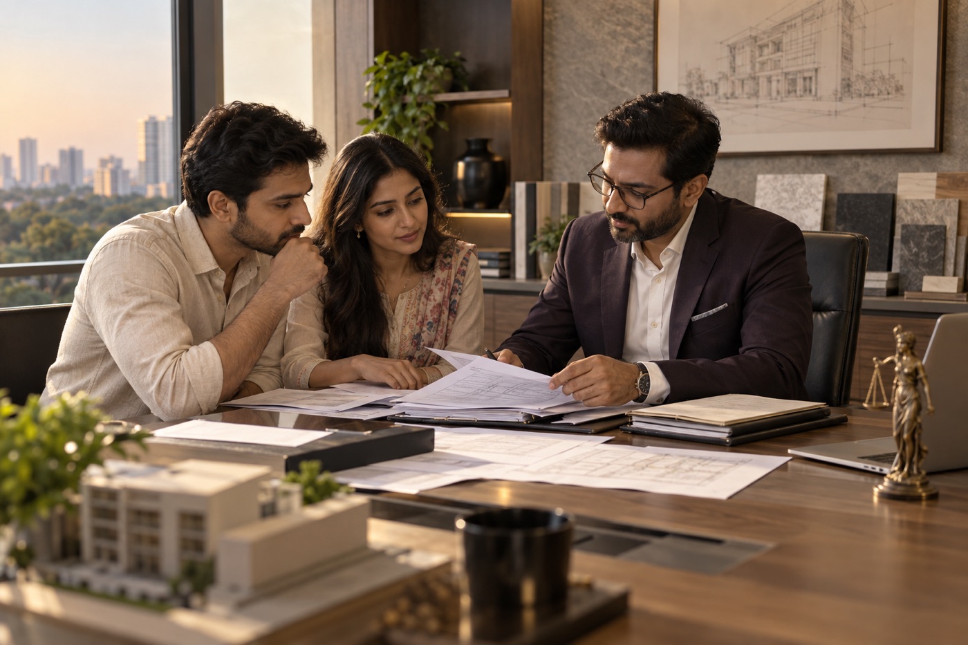 Property lawyer reviewing title documents with a couple in Bengaluru