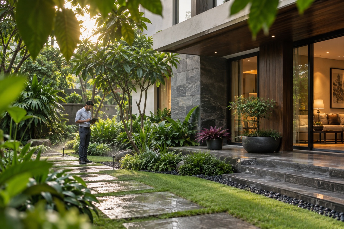 Property-care specialist inspecting a maintained Bengaluru villa and garden