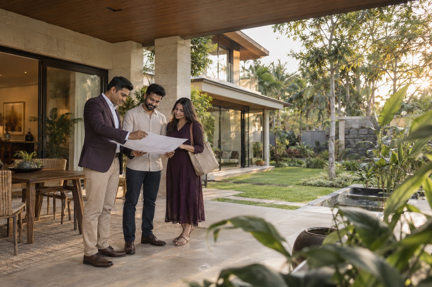 Property advisor guiding a couple during a private Bengaluru site visit